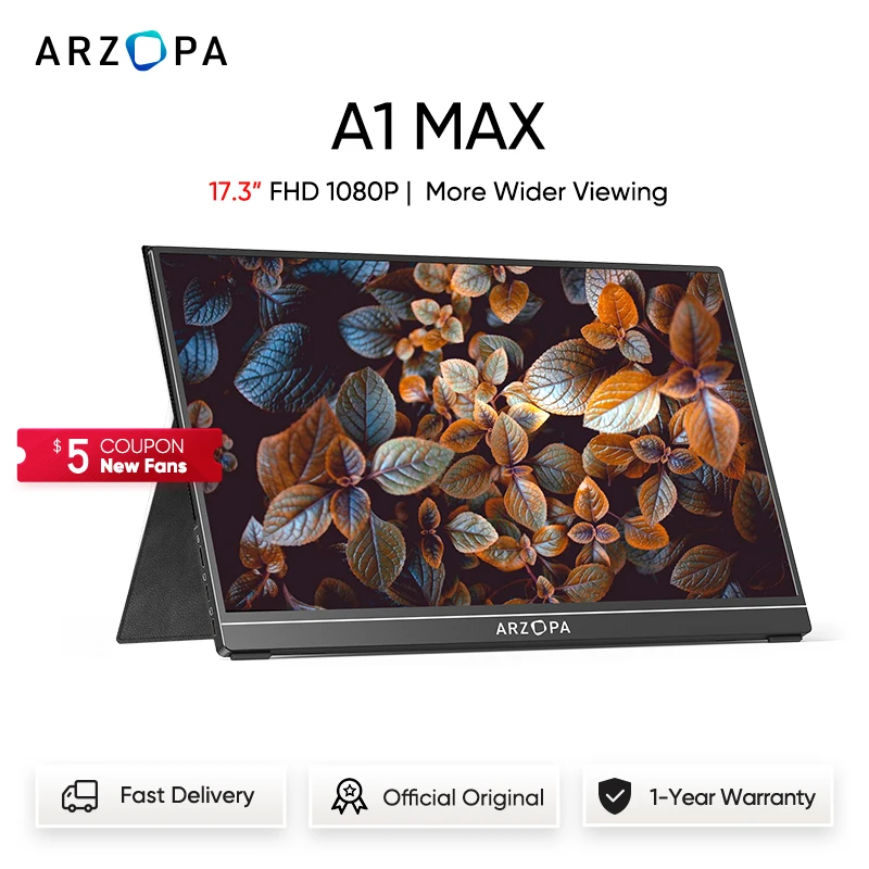 

ARZOPA 17.3" FHD Portable Monitor 1080p External Display IPS Screen USB C HDMI gaming monitor for Laptop Mac PC Xbox PS5 Switch