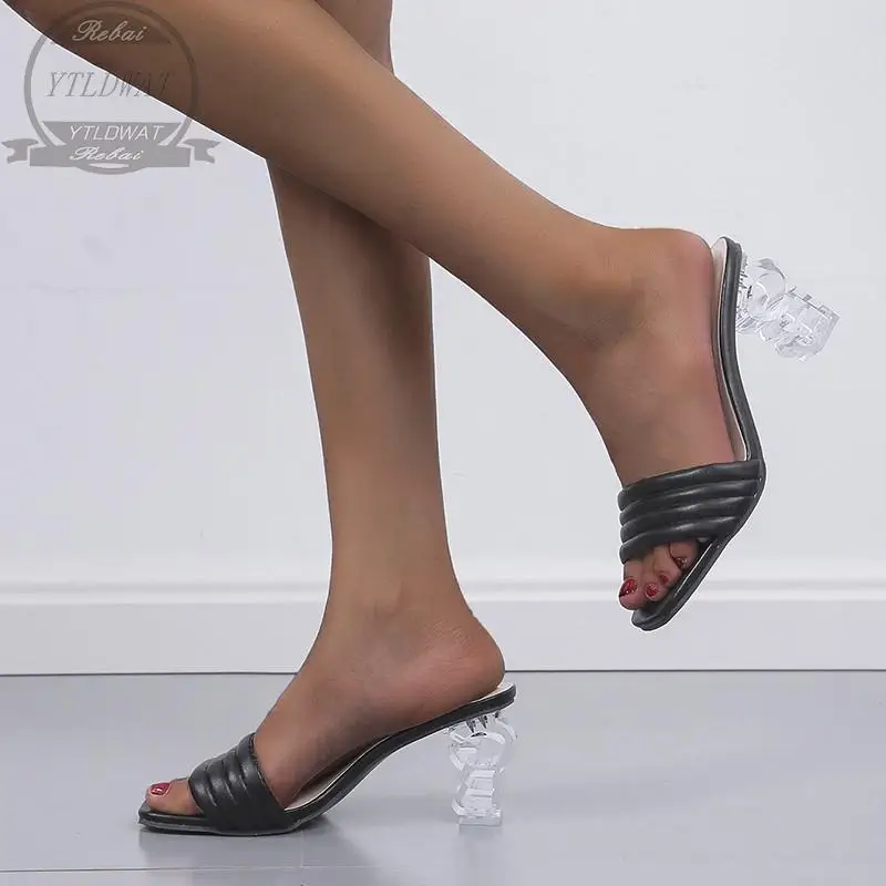 New Women's Brand Summer Slippers High Quality Woven Open Toe Clear Heels strange Casual Sandals Female Beach Flip Flops 36-43