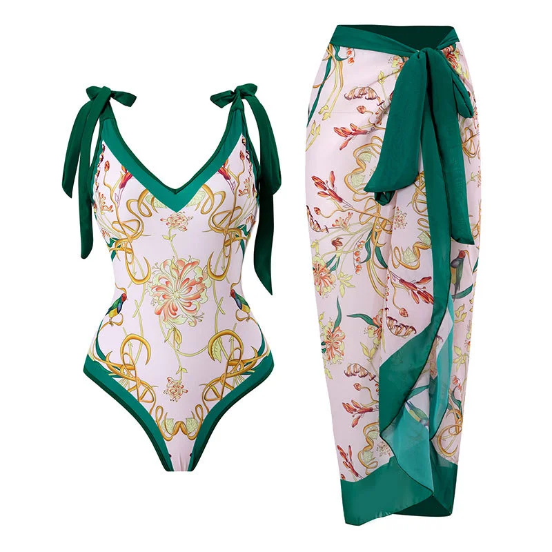 Floral Print Vintage Swimsuit with Skirt 2023 New Women V-Neck Swimwear Brazilian Holiday Designer Bathing Suit Beach Cover Up