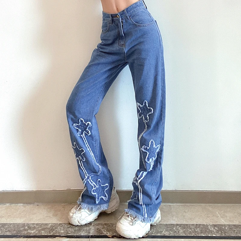 

y2k Ripped Stars Patches Oversize Flare Jeans Women Korean Fashion Streetwear Vintage High Waist Baggy Denim Trousers Iamhotty