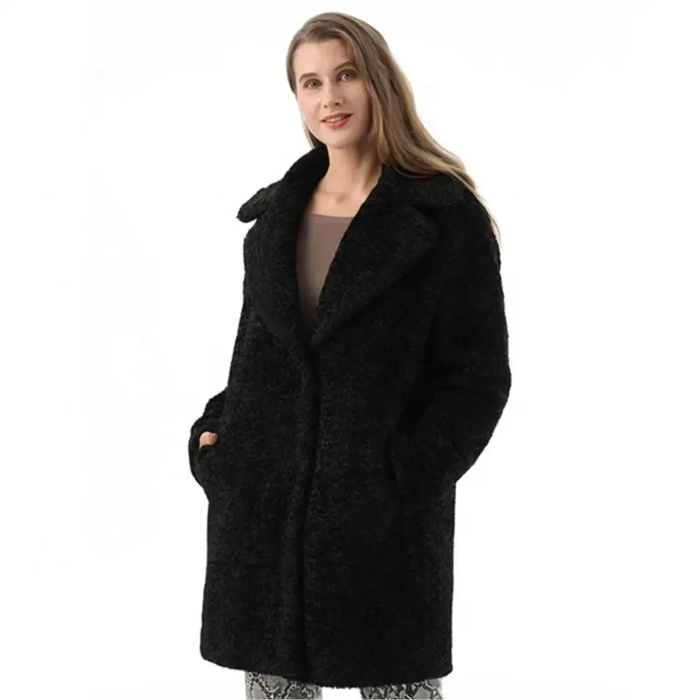 Women Real Fur Coat Fashion Designer Pure Color Long Simple Teddy Womens Classy Fur Coat Winter Thermal Soft Lapel Plus Size