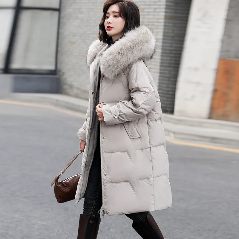

2022 Winter Coat for Women White Duck Down Jackets Large Fur Collar Loose Down Jacket Long Thickened Coat Female Abrigos Cjk079