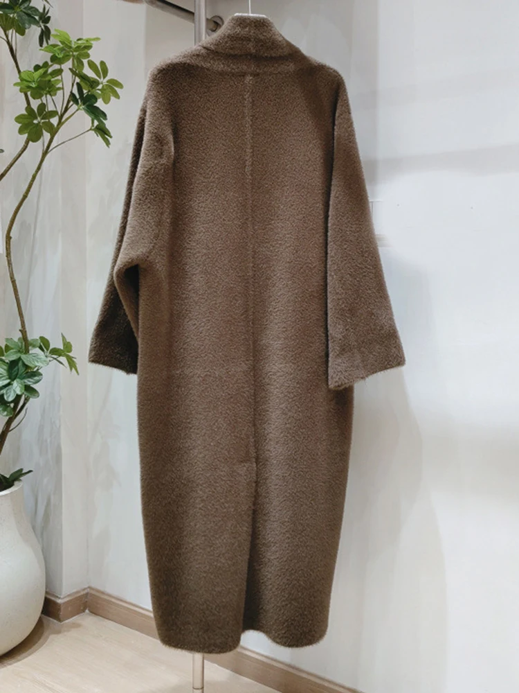 [EAM] Коричневый большой размер толстый длинный вязаный кардиган свитер с