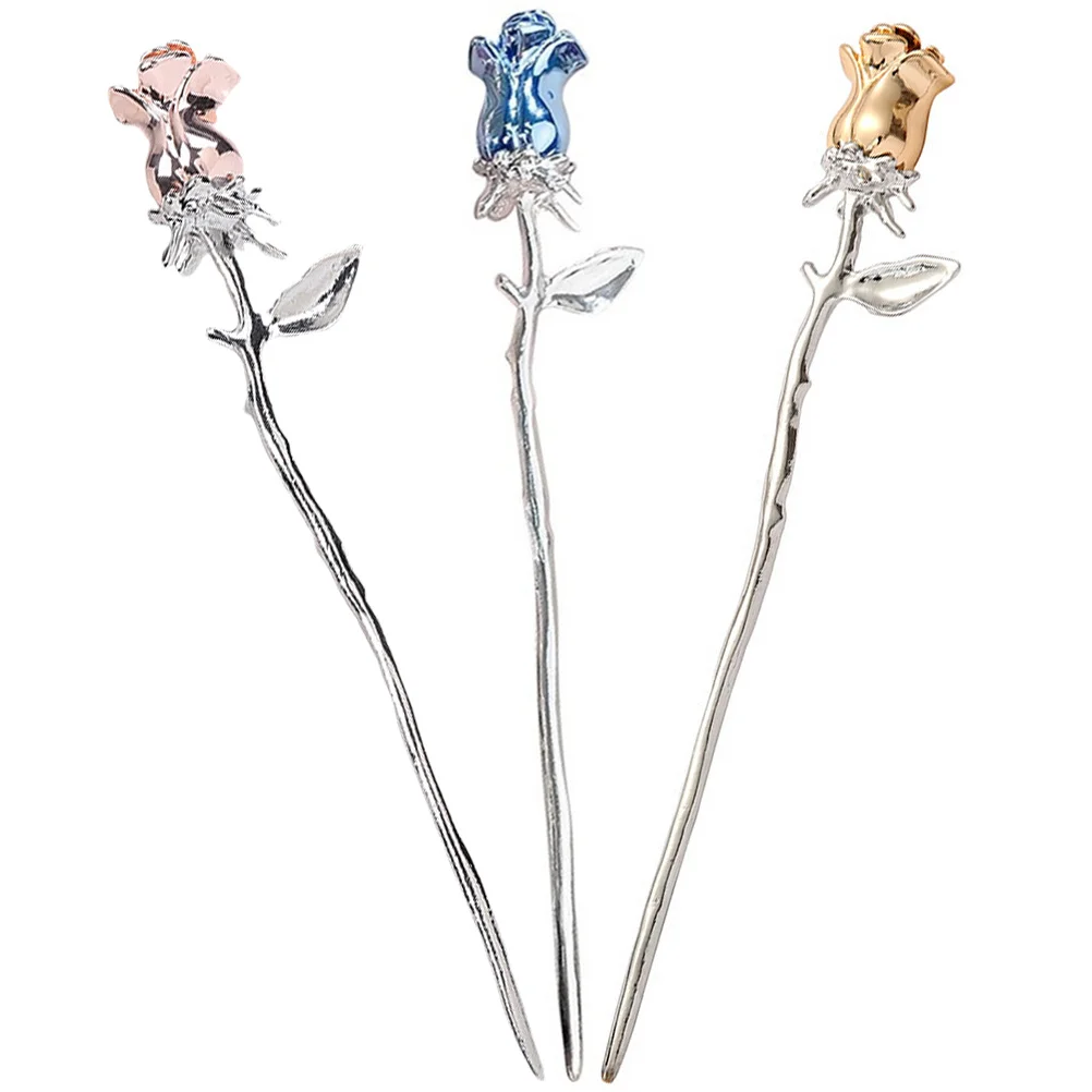 

3 Pcs Rose Hairpin Metal Clip Women Sticks Accessories Bun Alloy Flower Headdress Miss Chopstick