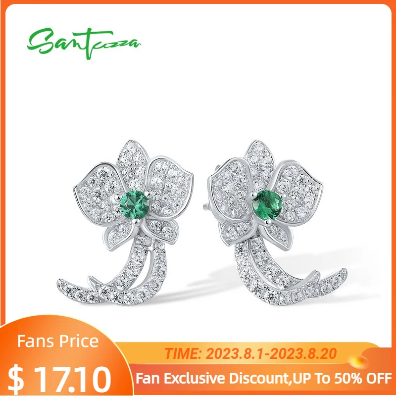 

SANTUZZA Genuine 925 Sterling Silver Stud Earrings For Women Sparkling White CZ Green Spinel Orchid Flower Delicate Fine Jewelry