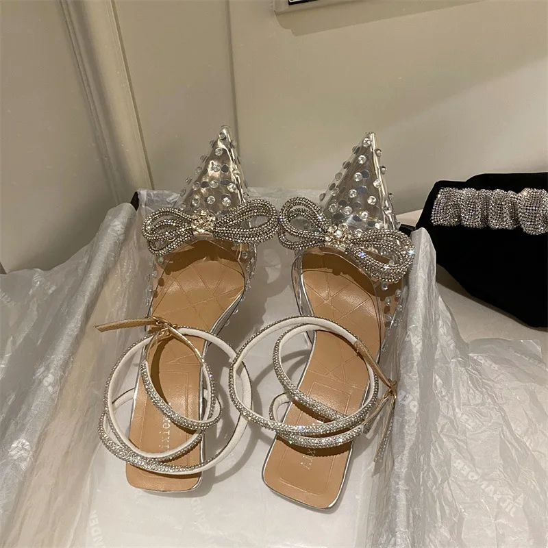 

Women Slippers 2022 Transparent High Heels Sexy Fashion Rhinestone Bowtie Wedding Party Shoes for Lady