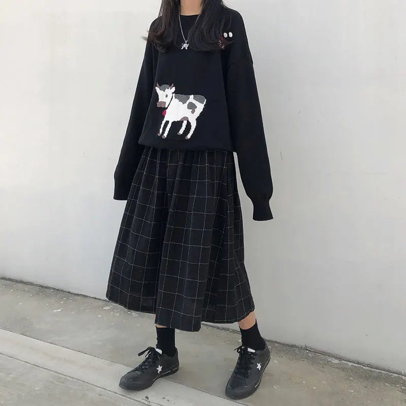 

Womens 2 Colors Japanese Style High Elastic Waist Long Skirts Woman 2022 Autumn Winter Plaid A-line Pleated Skirts
