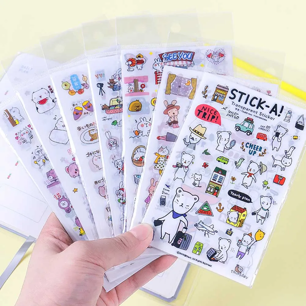 

6Sheets/Set Cartoon Animal Transparent Sticker DIY Hand Account Diary Scrapbook Decoration Children Kawaii Stationery Stickers