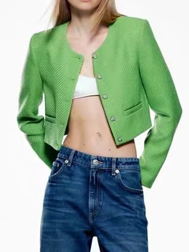

Kumsvag 2022 Summer Women Casual Jackets Coats Solid Veins O-Neck Single Breasted Female Fashion Street Short Jacket Outerwear