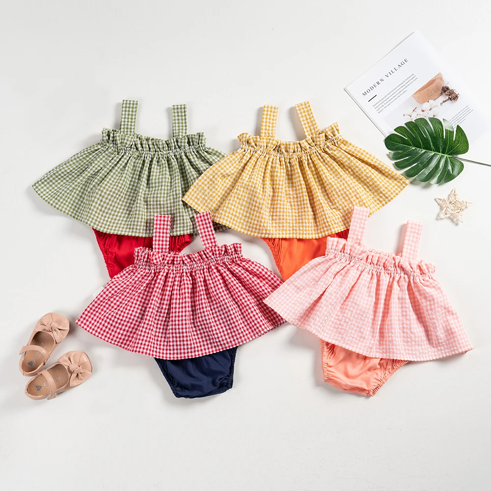 

Летние комплекты детской одежды, клетчатый Топ и низ без рукавов для младенцев, костюмы из 2 предметов с юбкой для девочек, новая модная детская одежда