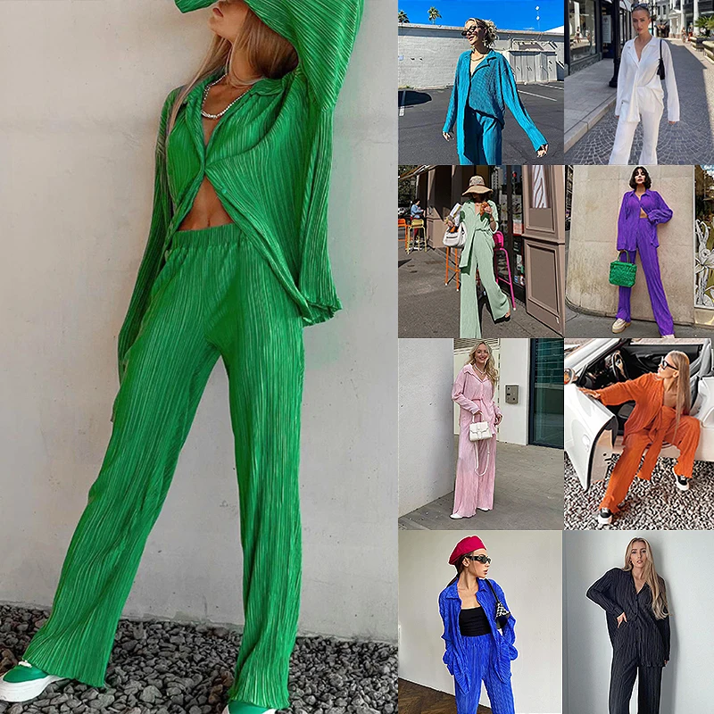 

Ladies Fashion Casual Long Sleeve Shirt and Elastic High Waist Wide Leg Trousers Set 2022 Summer Solid Two Piece Blouses Suit