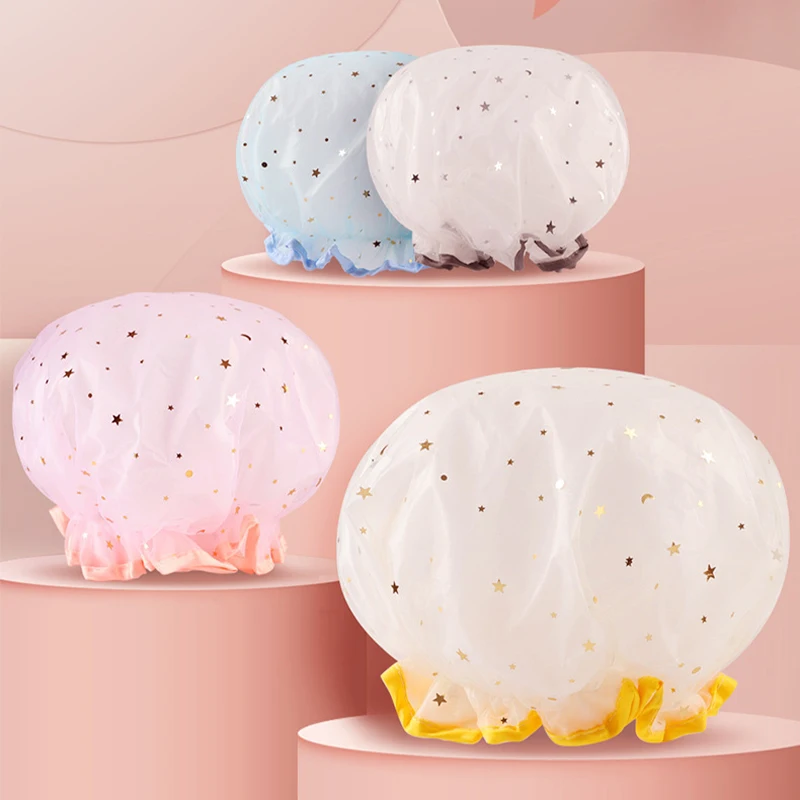 

Reusable Waterproof Shower Cap Double Layer Thickened Women's Cleaning Shower Cap Spa Hair Salon Shower Cap Bathroom Accessories