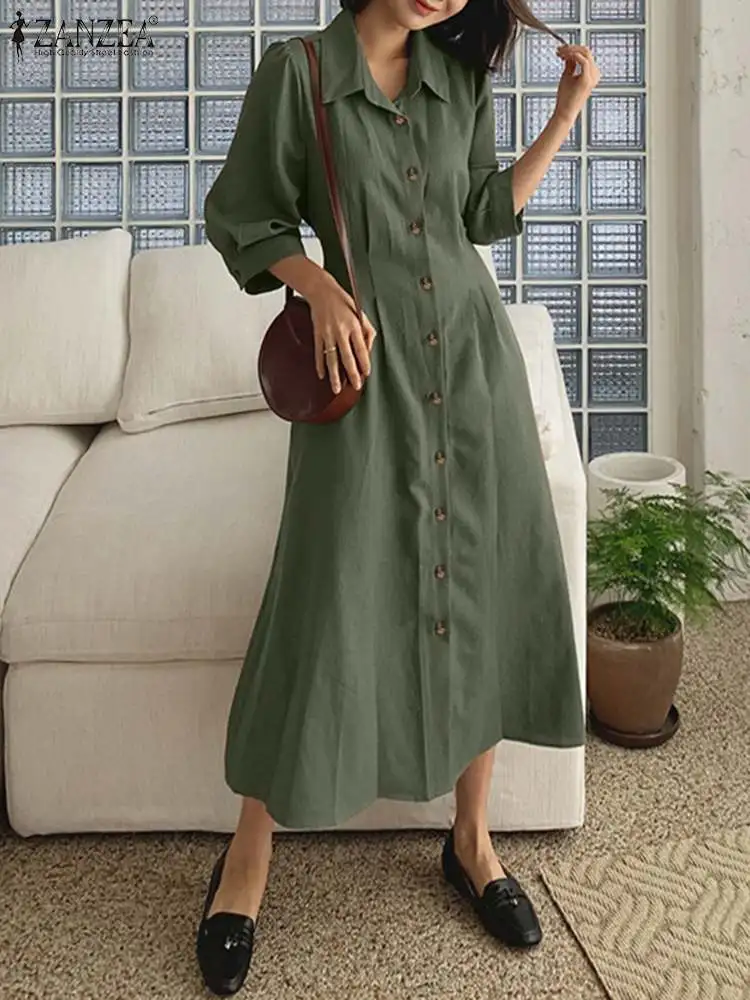 

Женский офисный сарафан ZANZEA, Элегантное летнее Повседневное платье с отложным воротником и рукавом 2022, женское модное винтажное однотонное...