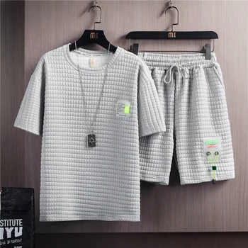 2022 Summer New Style Trend Versatile Men's Solid Color Casual Waffle Suits Short Sleeve T-shirt + Shorts Male Set Size M-3XL 1