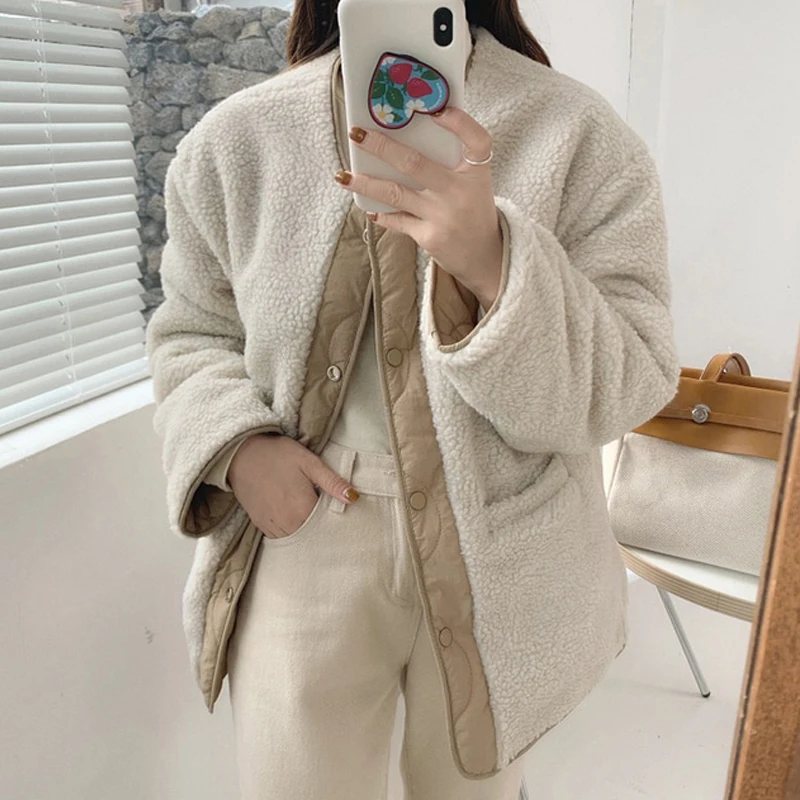 Chic Cotton Padded Women Outerwear Parkas Women 2022 Winter Lamb Wool Double Sided Jacket Female Rhombus Pattern Thicken Coats