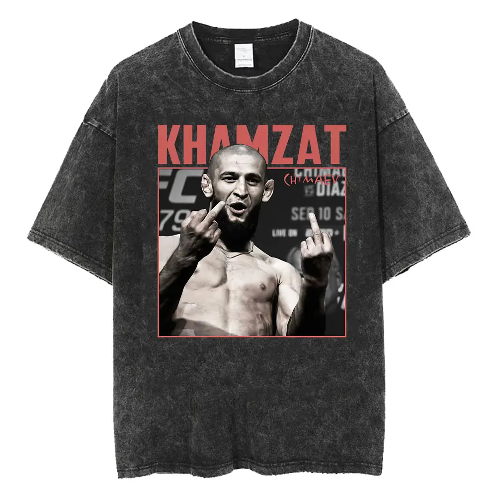 Фото Футболки с графическим принтом Khamzat Chimaev Violence Aesthetic для мужчин и женщин, винтажная футболка в стиле Харадзюку с эффектом потертости, повседневная хлопковая футболка оверсайз №1