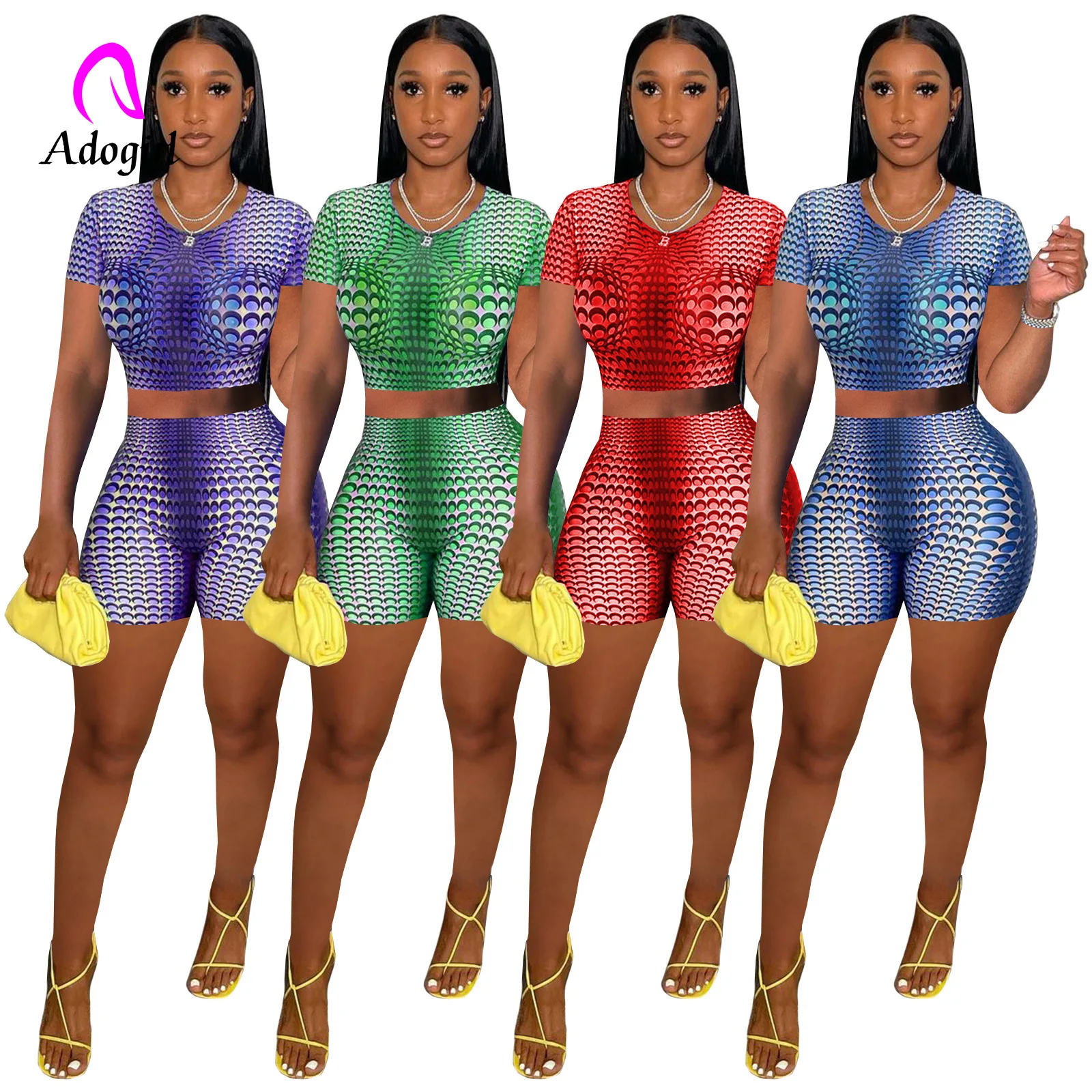 

Polka Dot Printed Women 2 Piece Set Fitness Short Sleeve Crop Top High Waist Biker Shorts Matching Set Sporty Tracksuits