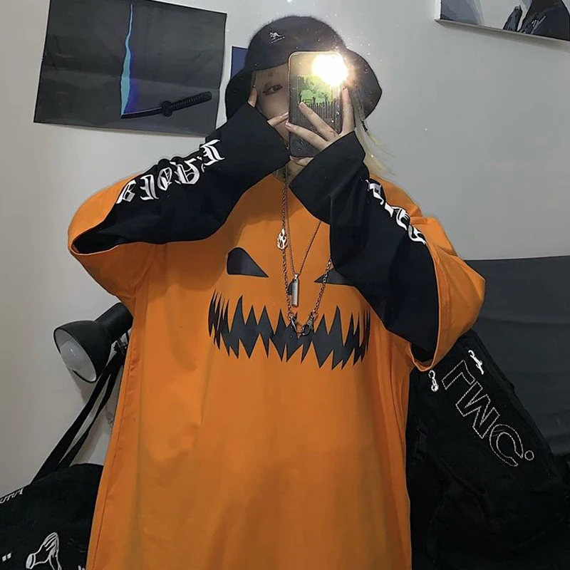 

Harajuku Pumpkin Print Letter T Shirt Faux 2 Pieces Patchwork Long Sleeve Women's and Men's T-Shirt goth Streetwear Tops women