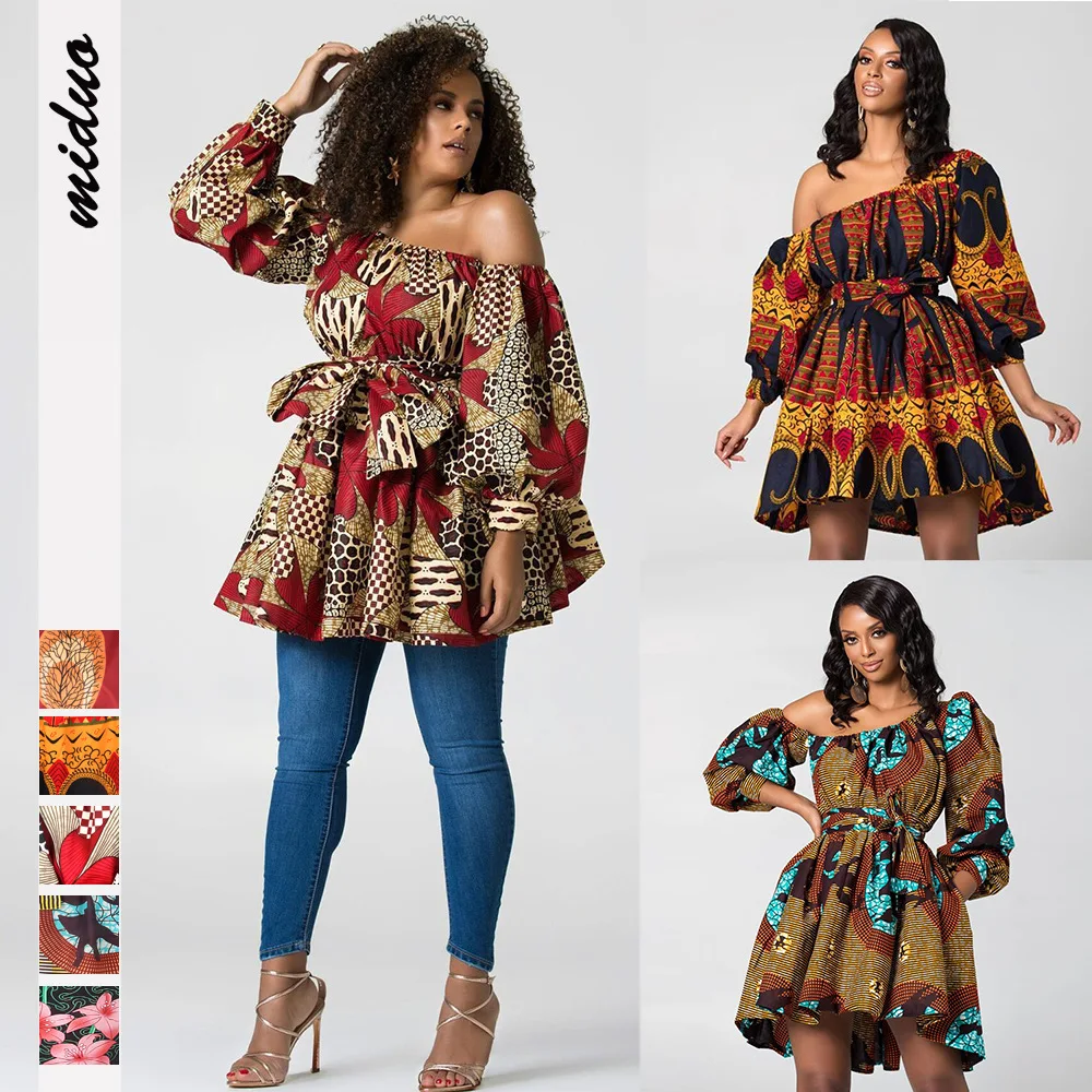 

Explosive digital printed women's diagonal neck sexy long sleeve dress with belt Middle Eastern fashion skirt