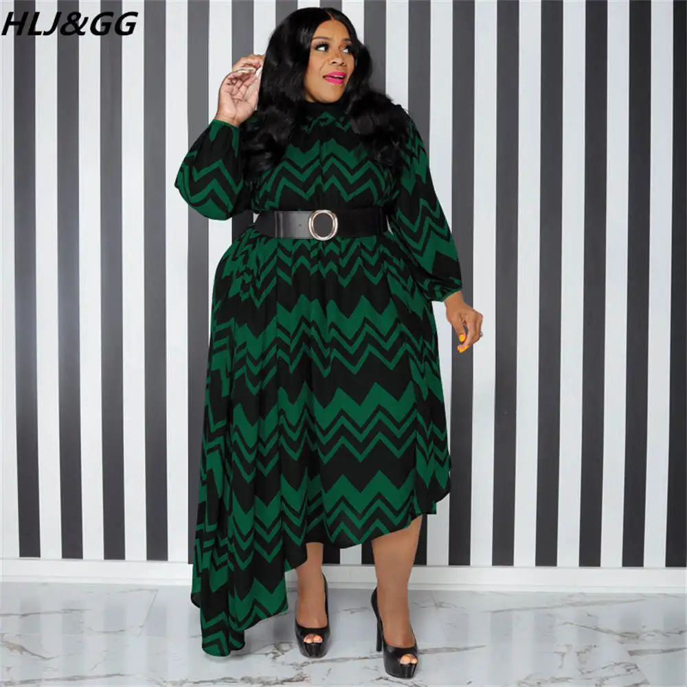 HLJ&GG Elegant Stripe Print Belt Dresses Women Long Sleeve Loose Irregularity Dress Vestidos Fall Female Plus Size Clothing 5XL