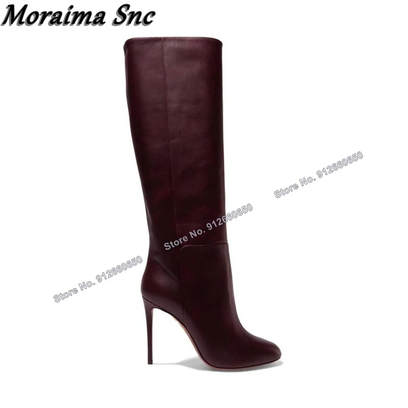 Moraima Snc Brown Side Zipper Knee High Boots for Women Slip on Boots Sexy Stilettos High Heels Fashion Runway  Zapatillas Mujer