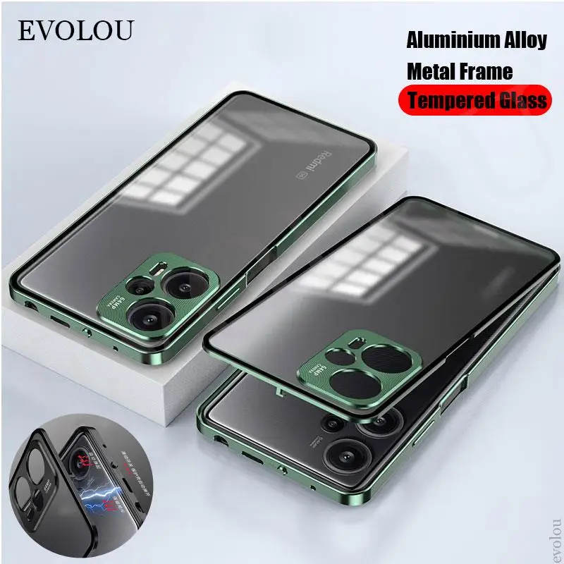

For Redmi Note 12 Turbo Aluminium Alloy Metal Frame Bumper + Tempered Glass Cover For Redmi Note 12 Pro Plus Poco F5 X5 Pro 5G