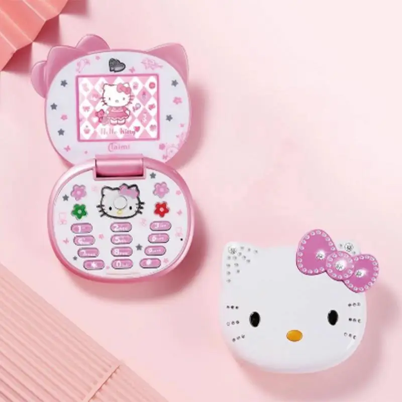 Kawaii Sanrio Hello Kitty Flip Phone Cartoon Cute Children White Pink Mini Phone Birthday Gifts For Kids Toys For Gir
