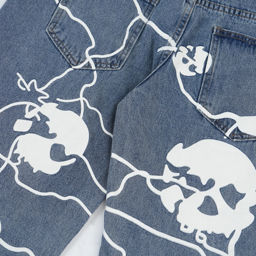 Full Skulls Printed Gothic Jeans Trousers for Men Women Distressed Retro Dark Academia Black Pants y2k Streetwear Grunge Clothes