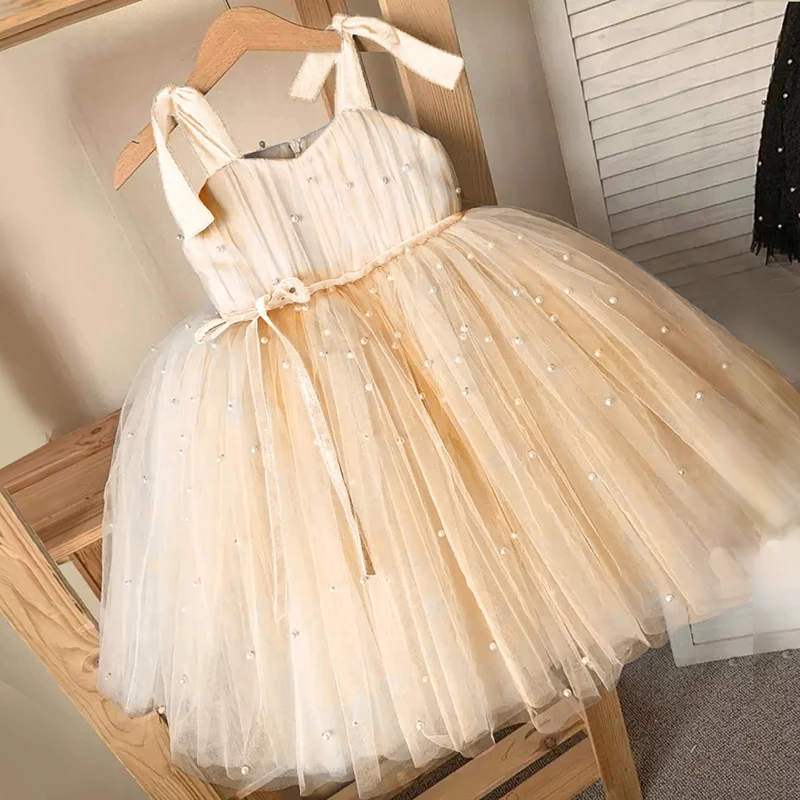 

Baby Girl Tulle Dress Princess Party Tutu Fluffy Dress Flower Wedding Champagne Gown Children Clothing Kids Clothes Vestidos