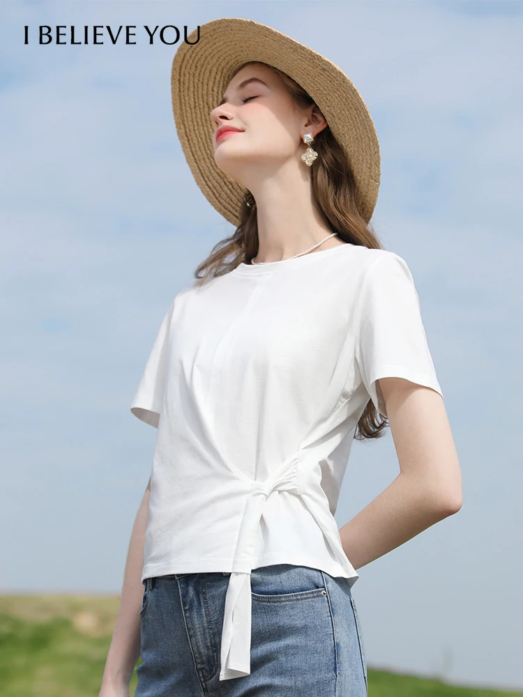 

I BELIEVE YOU T Shirts Women Short Sleeve 2023 Summer 100% Cotton Lace Up Casual Woman Clothing Fashion White Tops 2232015018