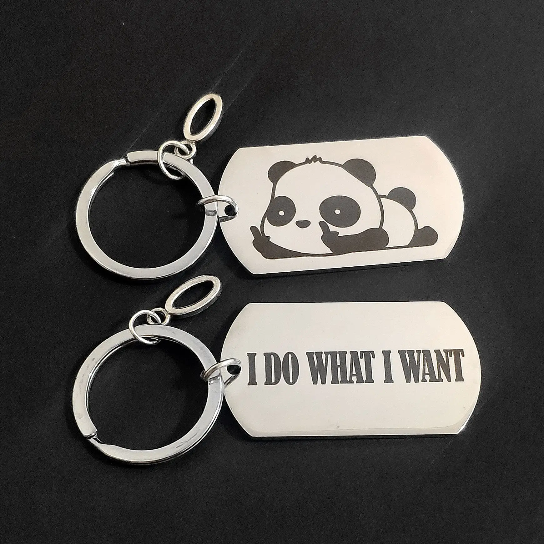 

I DO WHAT I WANT Keychain for Car Keys Creative Keyring Panda Gift 26 Letters Cute Cartoon Stainless Steel Military Tags A-Z