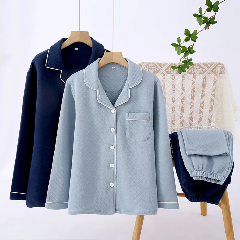 Couple Winter Pajamas Set Solid Color Air Layer Cotton Sleepwear Suit Breathable Warm Home Clothes V-neck Nightwear Men Women