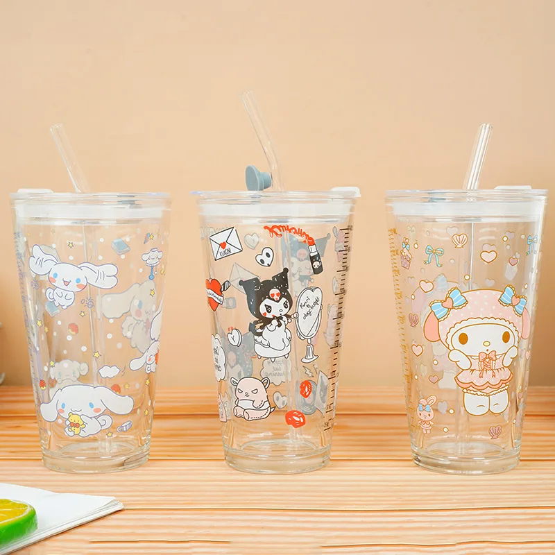 

Kawaii Sanrio Cinnamoroll My Melody Kuromi Glass with Scale and Cover Water Cup Milk Drink Juice Coffee Cup Women Gift Kitchen