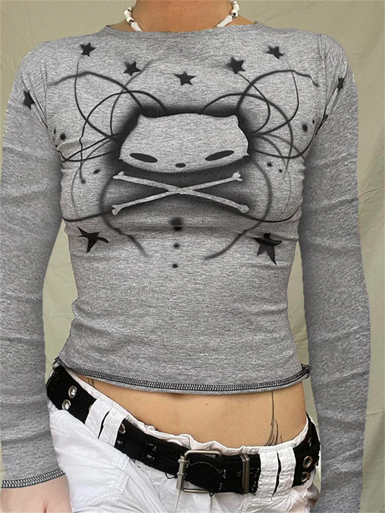

Harajuku Punk Cat Printed Tees Women Autumn Vintage Fairy Grunge Long Sleeve T shirt 90s Chic Y2K Crop Top Streetwear