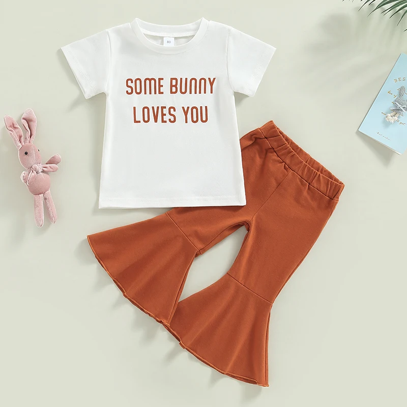 

2022-12-23 Lioraitiin 0-5Years Toddler Girls Easter Clothes Short Sleeve Round Neck Letters Print Tops Long Bell-Bottoms Pant