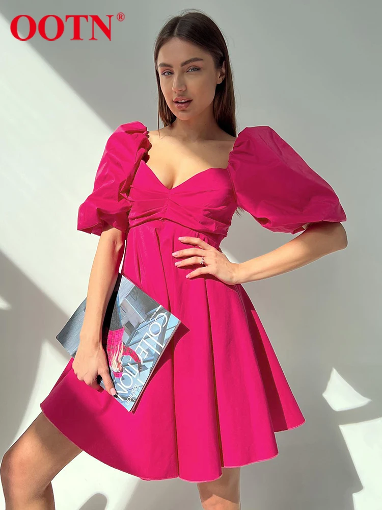 

Элегантное мини-платье OOTN с пышными рукавами, Вечернее Летнее Повседневное платье А-силуэта с квадратным вырезом, плиссированное модное пл...