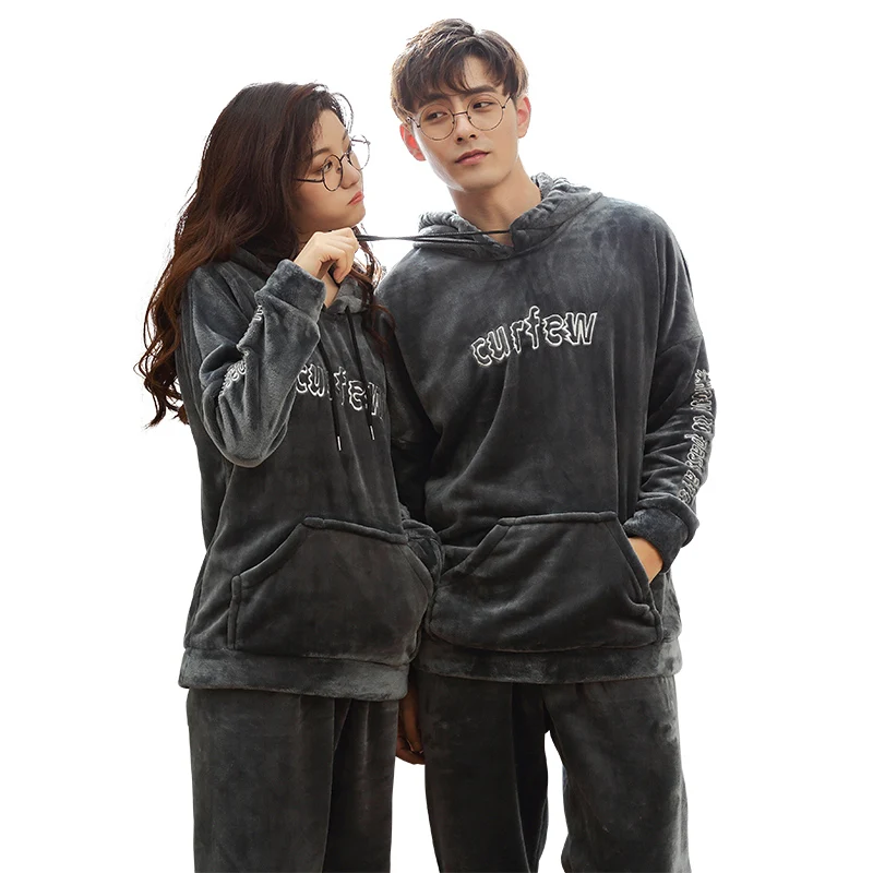 Комплект пижам из кораллового флиса с капюшоном для пар пижамы мужчин и женщин