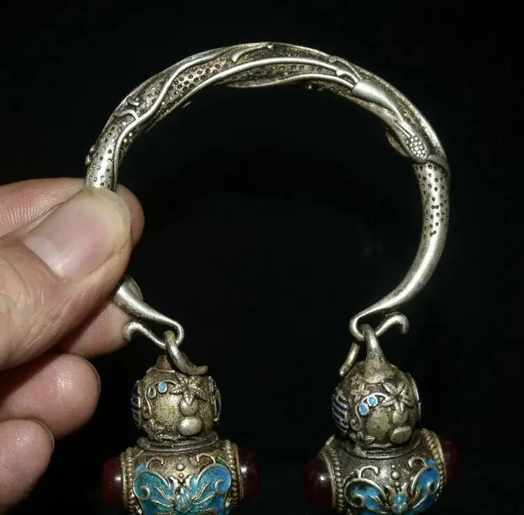 

3.8" Old China Miao Silver inlay Gems Cloisonne Blessing Gourd Flower Bracelet