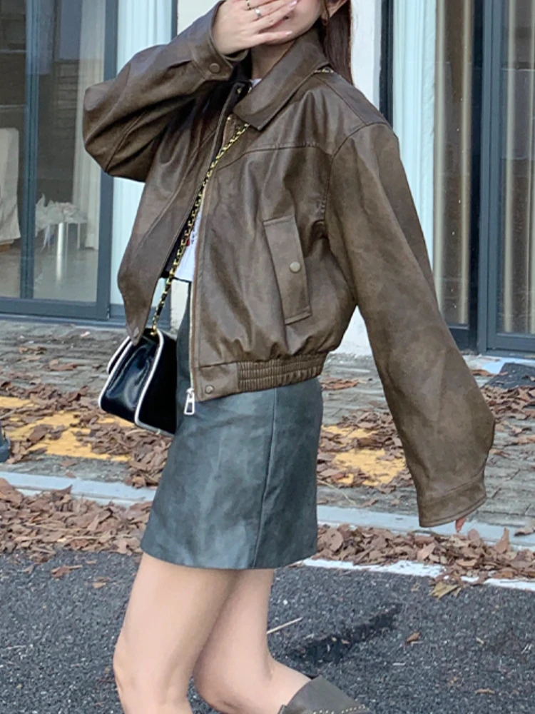 

Винтажная Милая кожаная мотоциклетная куртка для женщин, зима 2023, уличная Короткая кожаная куртка в Корейском стиле, женская модная уличная одежда, байкерское пальто