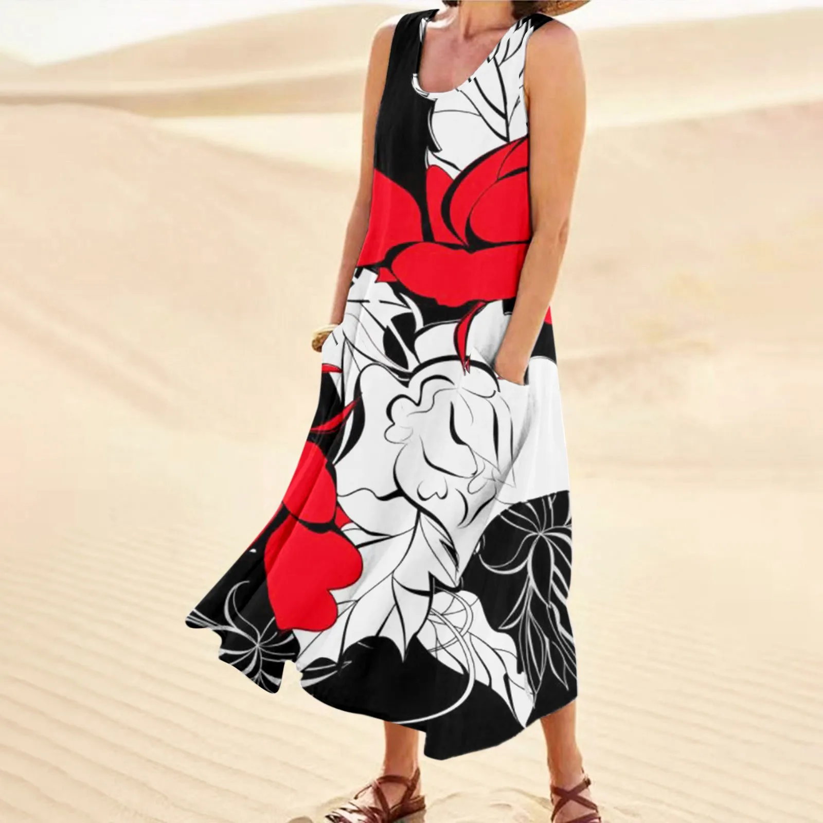 

Womens Elegant Printed Round Neck Pockets Casual Long Dress Daily Tank Dress Women Outfits for Summer