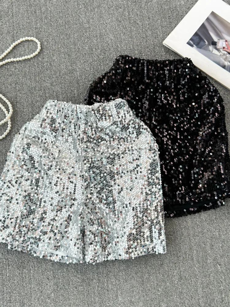 Блестящие сексуальные женские блестящие шорты с завышенной талией и круглым