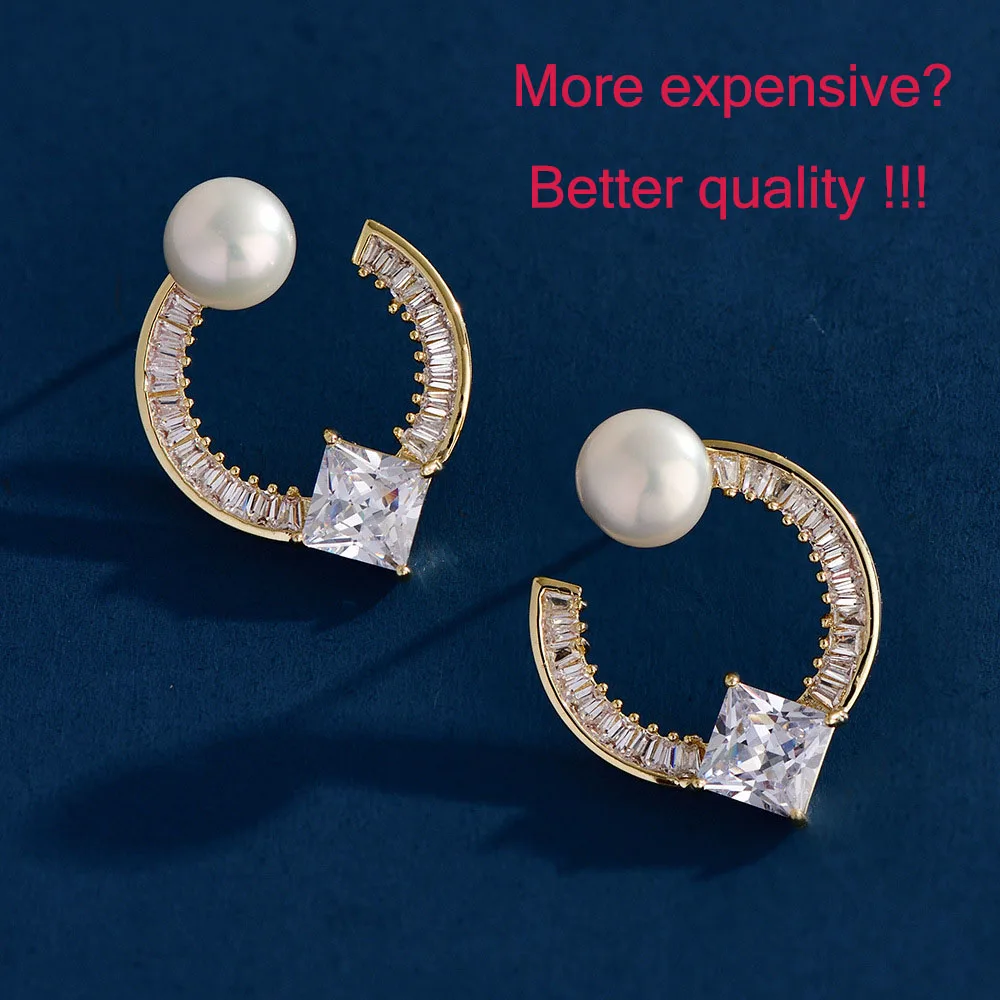 

D.CLAN C-Shaped Square Shiny Zircon Real Pearl Stud Earrings Basic INS Style Daily OL Fashion Accessories Gift Friend Women Mum