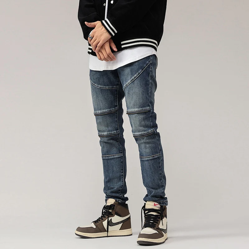 High Street Fashion Men Jeans Retro Blue Spliced Slim Fit Biker Jeans Men Elastic Trousers Zipper Designer Hip Hop Pants Hombre