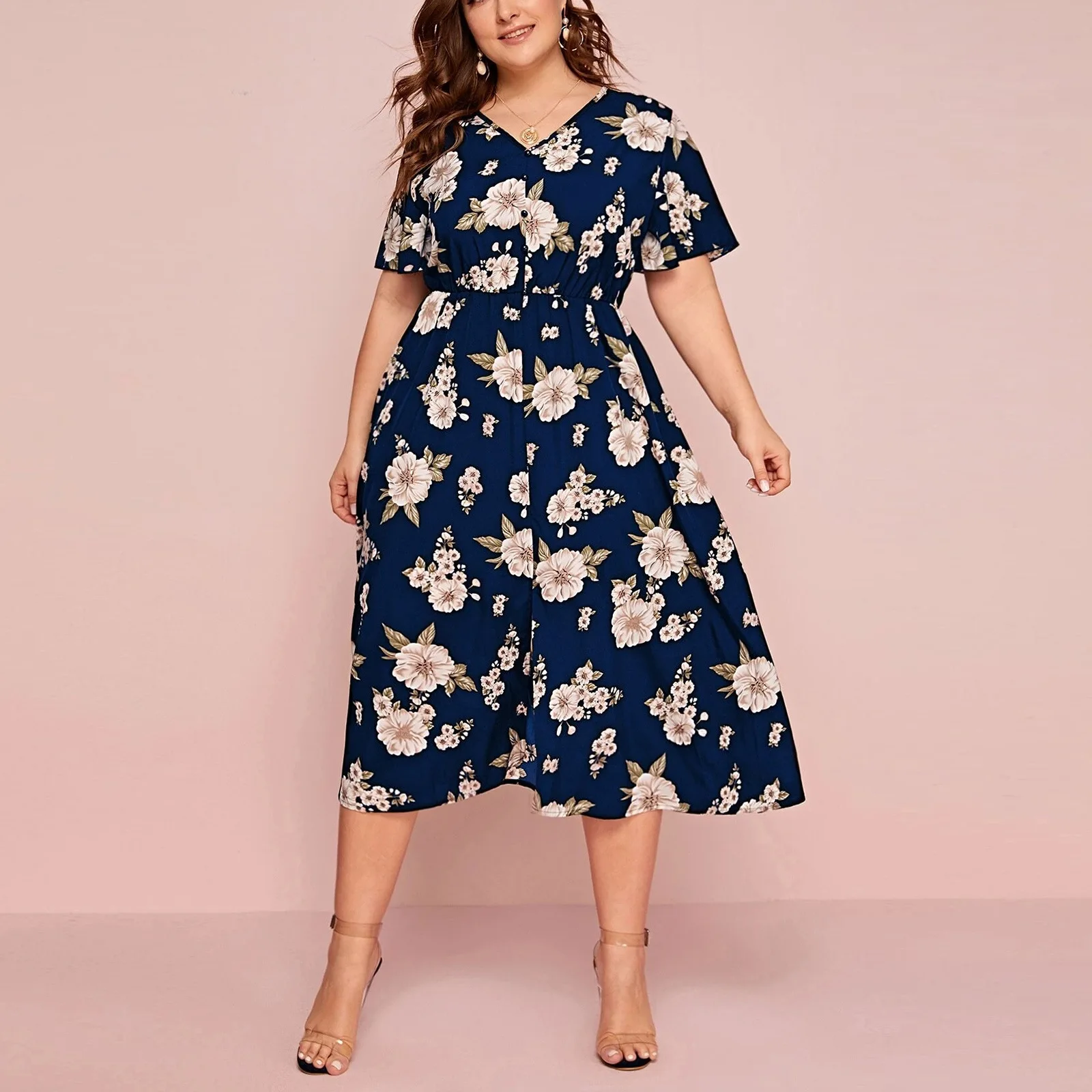 

Elegant Floral Printing Loose Summer Dress Women Plus Size Short Sleeve Casual Midi Dresses Female Fashion V-Neck A-Line Dress