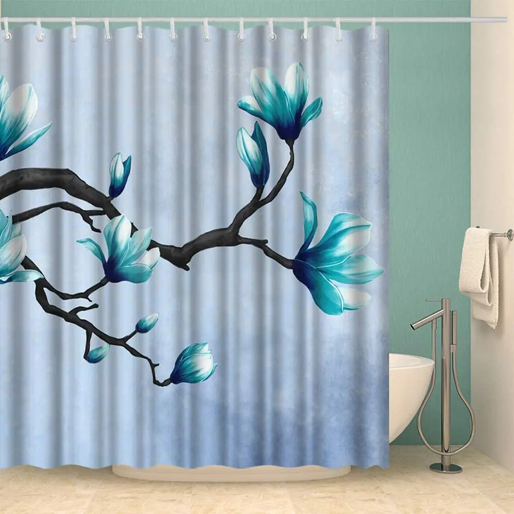

Штора для душа с синими цветами, водонепроницаемый занавес для ванной из полиэстера, с крючками, декор для ванной комнаты