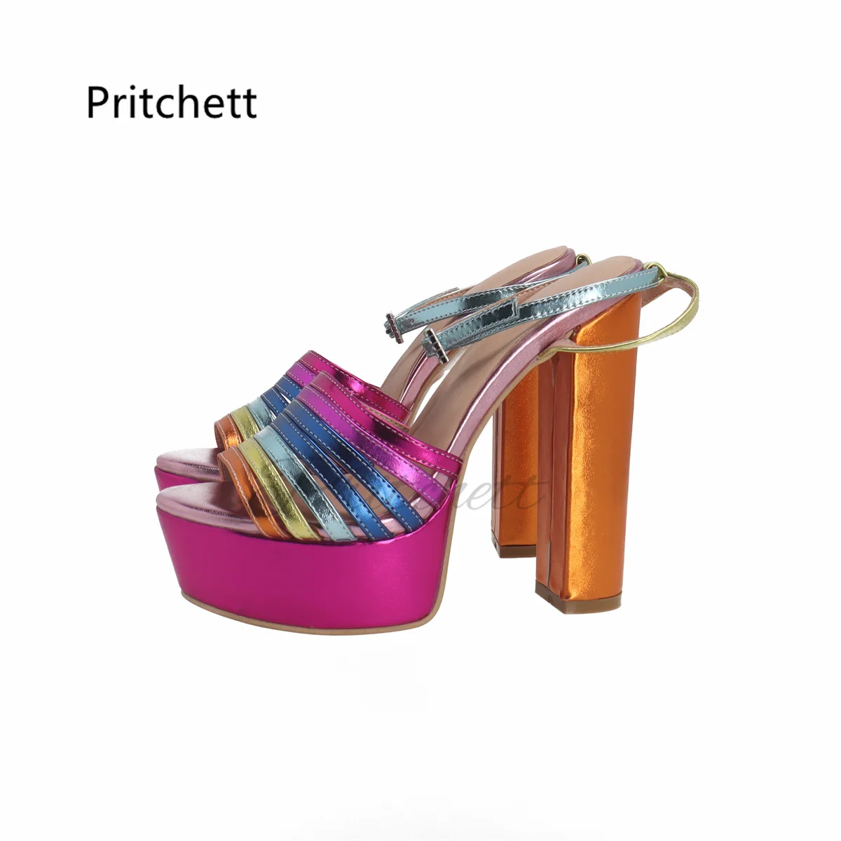 Mixed Colors Chunky Heel Sandals for Women Platform Rhinestone Buckle Open Toe Leather Sandals Female Sweet Party Summer Shoes