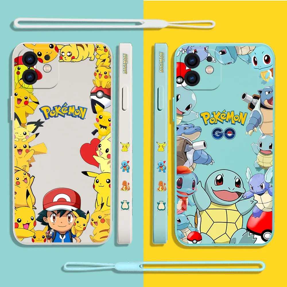 

Pokémon Pikachus Charizard Phone Case For iPhone 14 13 12 11 Pro Max Mini X XR XS MAX 8 7 Plus Silicone Cases with Hand Strap