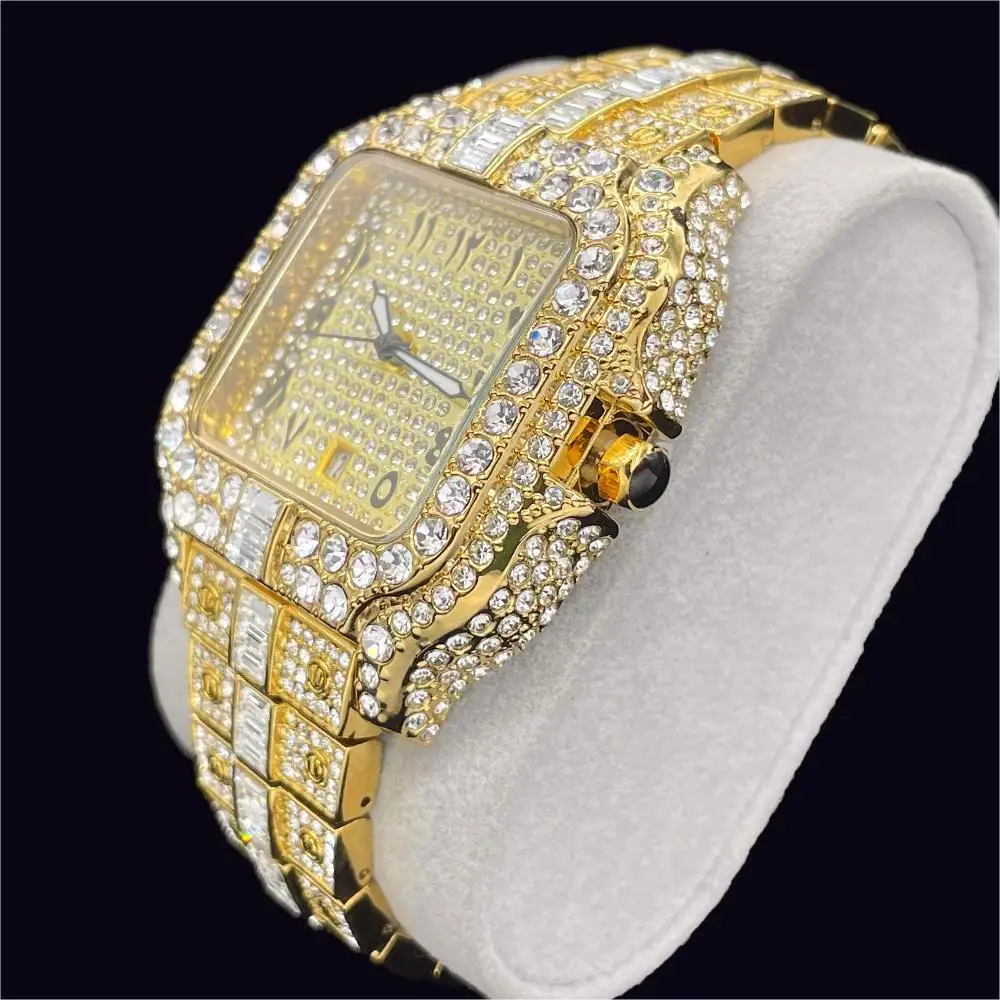 

2023 New MISSFOX Luxury Gold Watch Men Automatic Date Fashion Waterproof Clocks Hip Hop Full Iced Diamond Quartz Wrist Watches