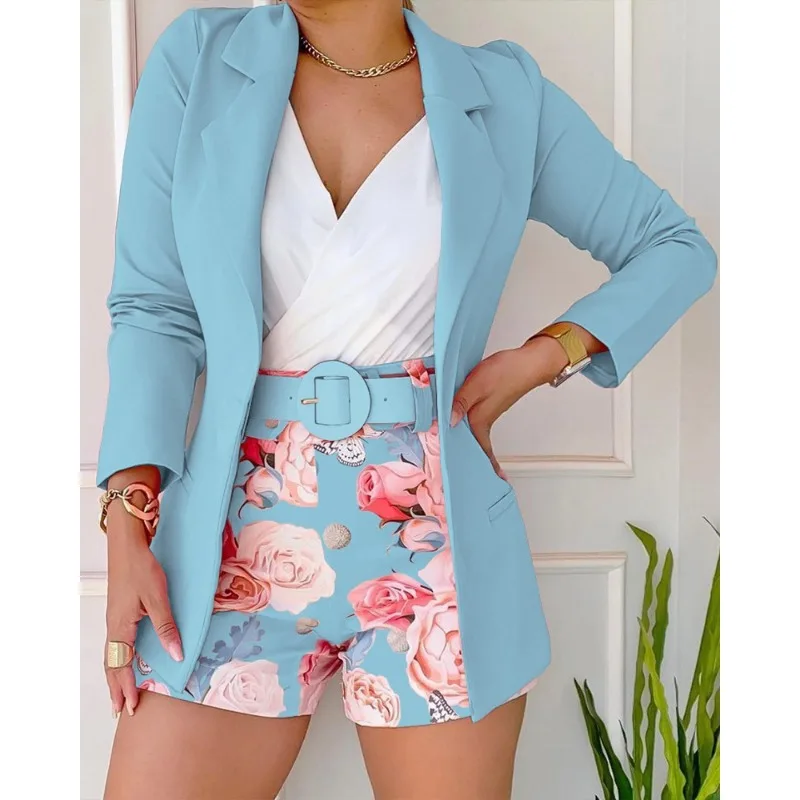 

Women Suit 2023 Summer Fall Blazer And Floral Print Shorts Sets With Belt Casual Y2K INS Outfits Fashion Office Lady 2 Piece Set