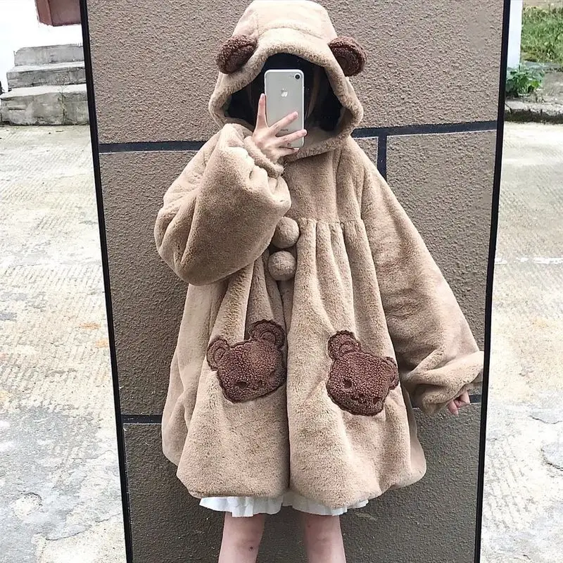 

Kawaii Lamb wool coat women solid hooded thick coat 2021autumn winter Japanese new preppy style velvet thick loose clothes trend